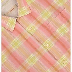 Tommy Bahama Shirt Mens Large Pink Green Plaid Linen Button Up Pocket
